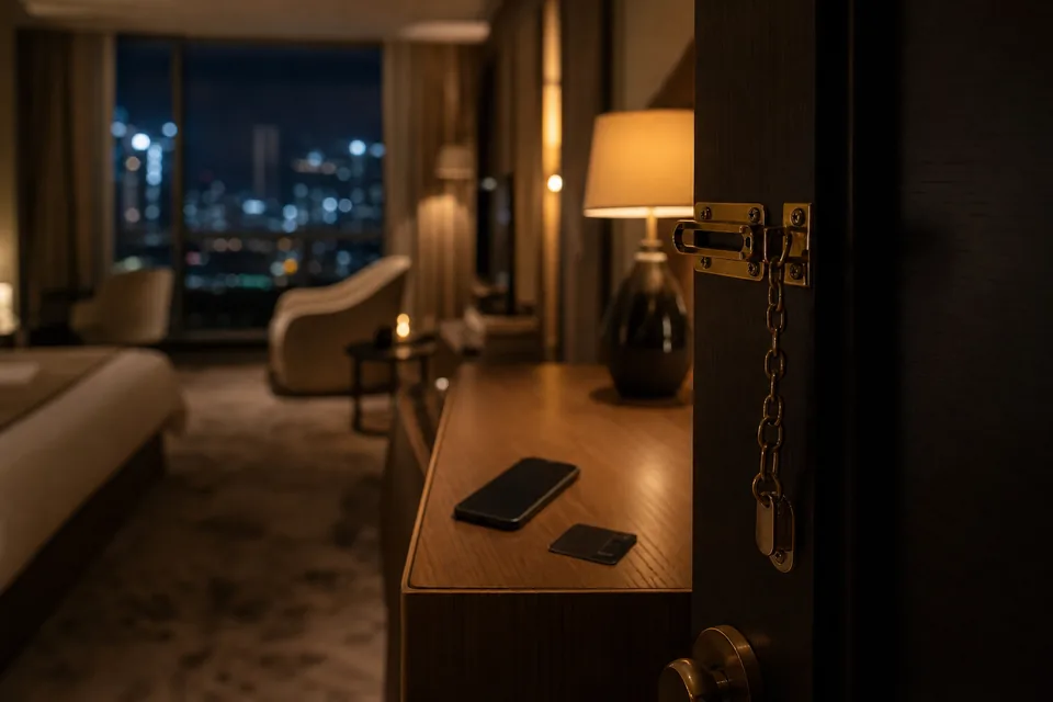 Hotel room door with the security chain on, key card on the console and the night city through the window