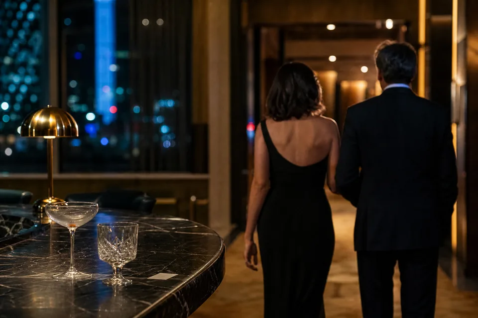 Adult couple in evening wear leaving a dim hotel bar late at night, two empty glasses and a key card left on the counter