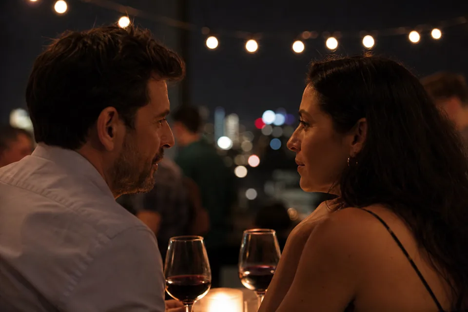 Couple talking quietly at a dim rooftop bar with city lights behind them