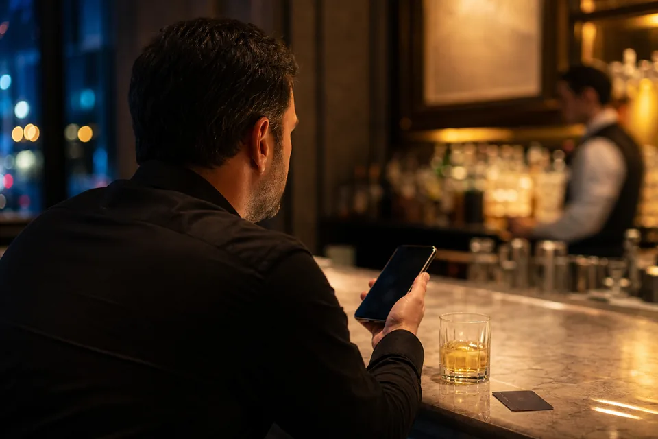 Man at a hotel lobby bar at night holding his phone next to a cocktail and a room key card