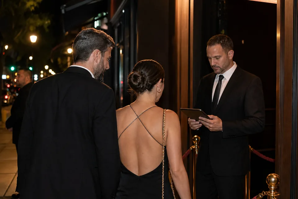 Doorman with a tablet checking a guest list at a club entrance while a couple arrives