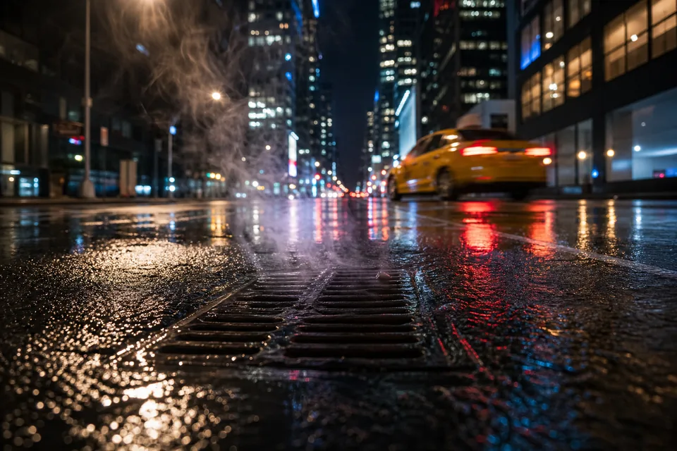 Wet city street at night with taxi headlights and neon reflections