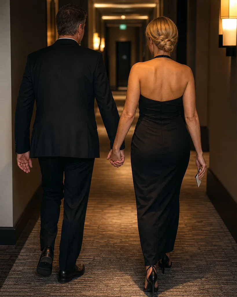Couple in their forties walking down a dim hotel corridor holding hands, room key card in the woman's hand