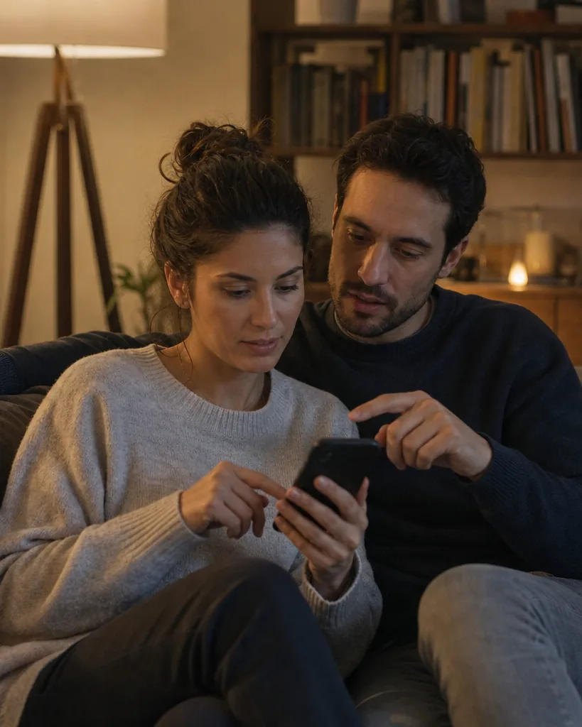 Couple in their thirties writing a message together on a phone on a sofa, the woman typing