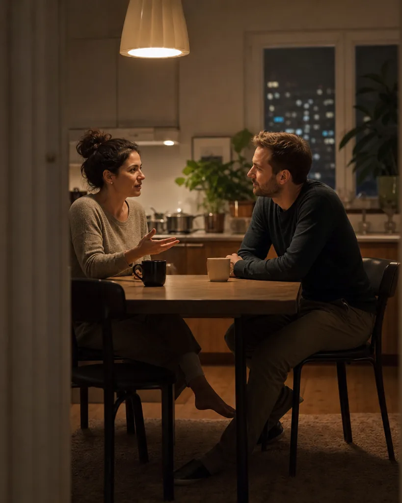 Couple in their late thirties talking at a kitchen table late in the evening with two cups of tea