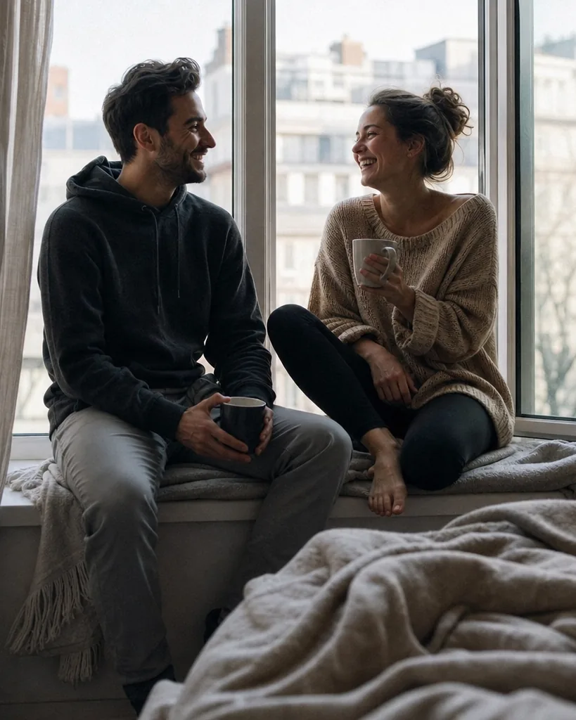 Man and woman in their thirties sharing coffee by a window in the morning light, relaxed and friendly