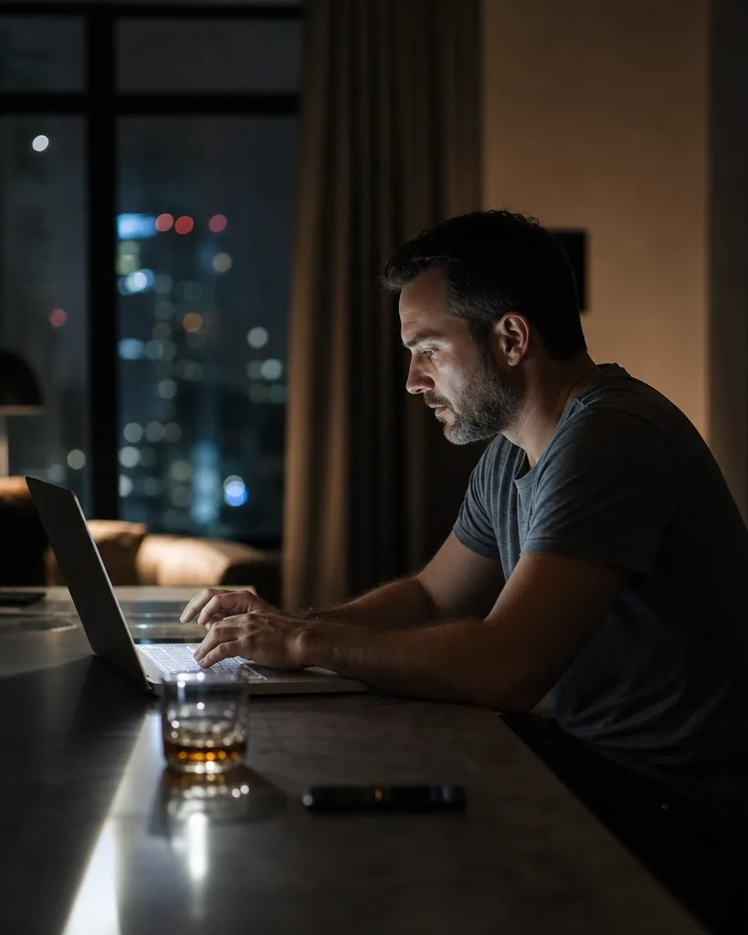 Man in his late thirties browsing on a laptop at a kitchen island late at night, city lights through the window behind him