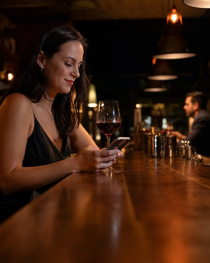 Woman in her thirties at a dim cocktail bar reading a message on her phone, a man waiting at the far end of the bar out of focus