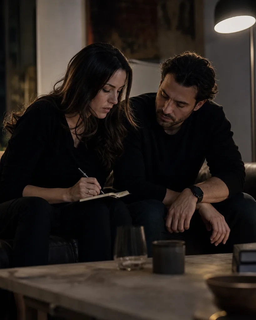 Couple in their thirties talking seriously on a dark leather sofa, writing a short list together in a notebook