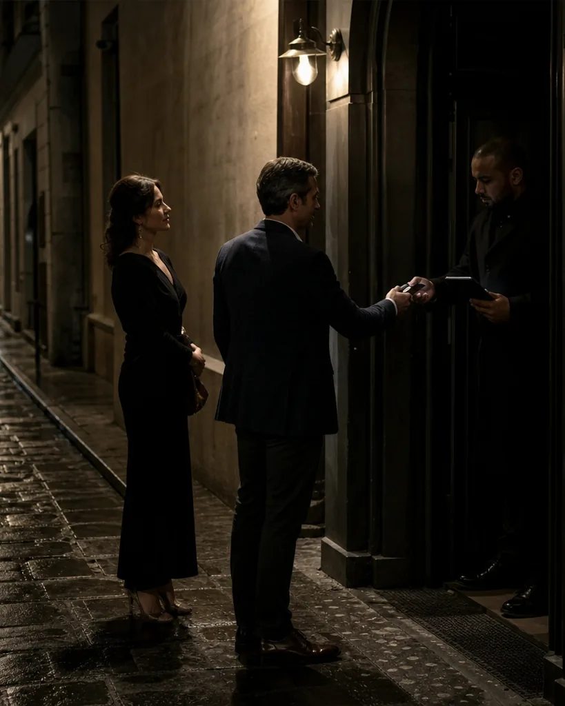 Couple in evening wear showing ID to a doorman at the unmarked entrance of a members club at night