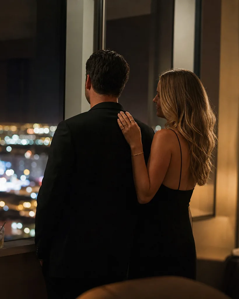 Couple in their forties in evening clothes by a hotel suite window at night, the lit Las Vegas strip blurred far below