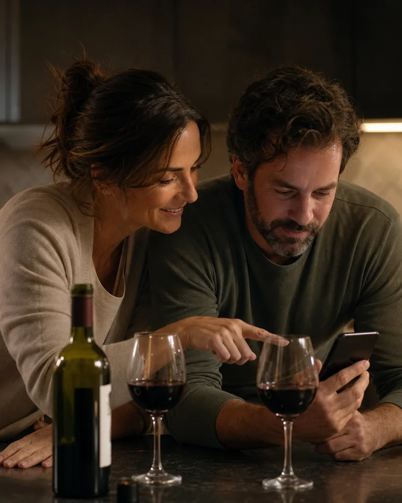 Couple in their late thirties looking at one phone together at their kitchen counter in the evening