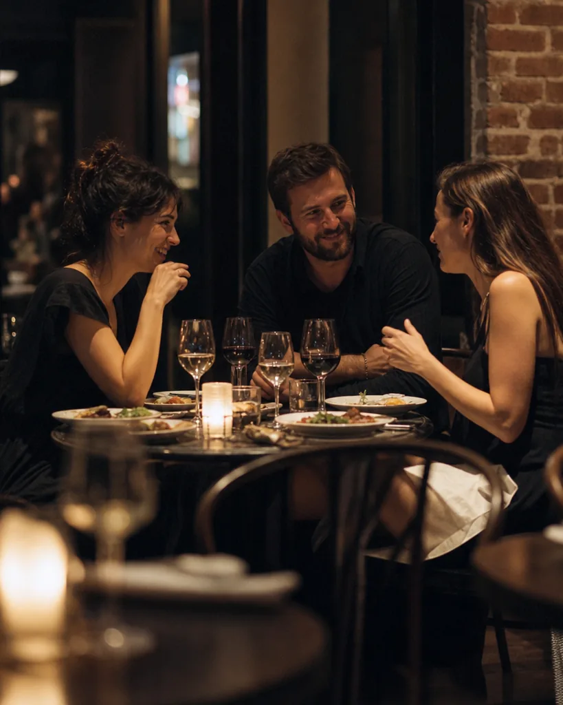 Three adults in their thirties having dinner together at a candlelit restaurant table