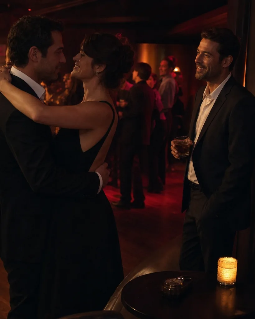 Two couples in their thirties dancing close in a dim lounge, partners swapped, everyone smiling