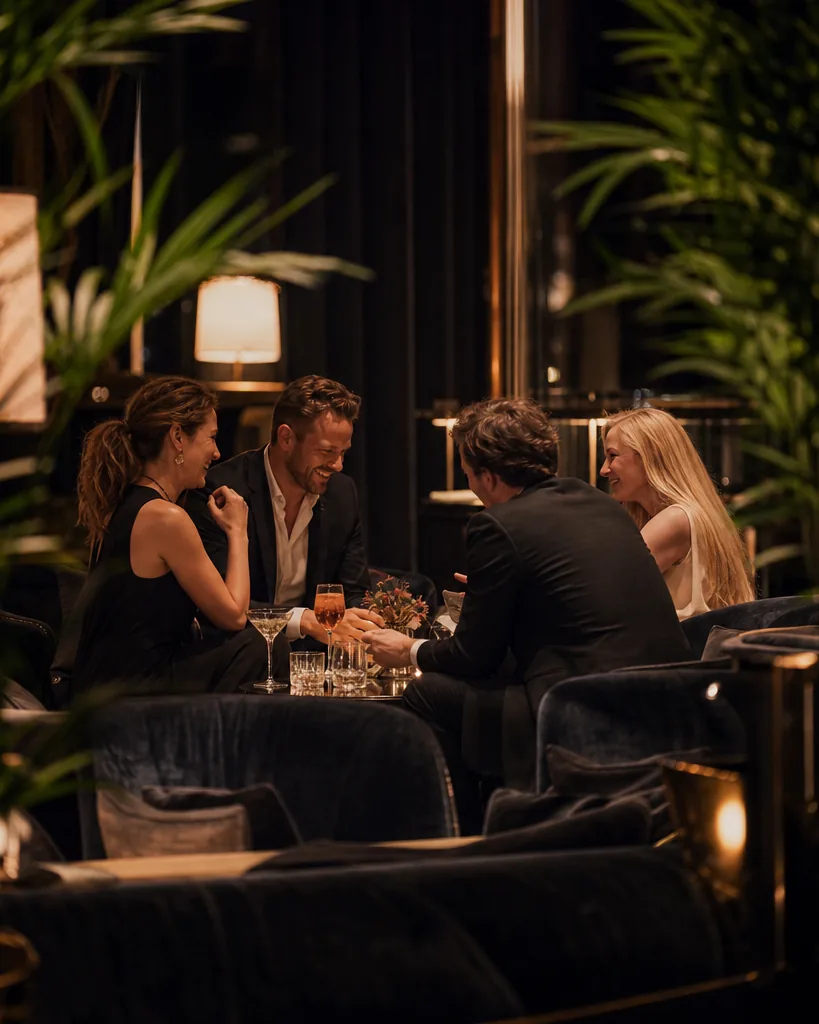 Two adult couples meeting for a first drink at a quiet hotel lounge table at night