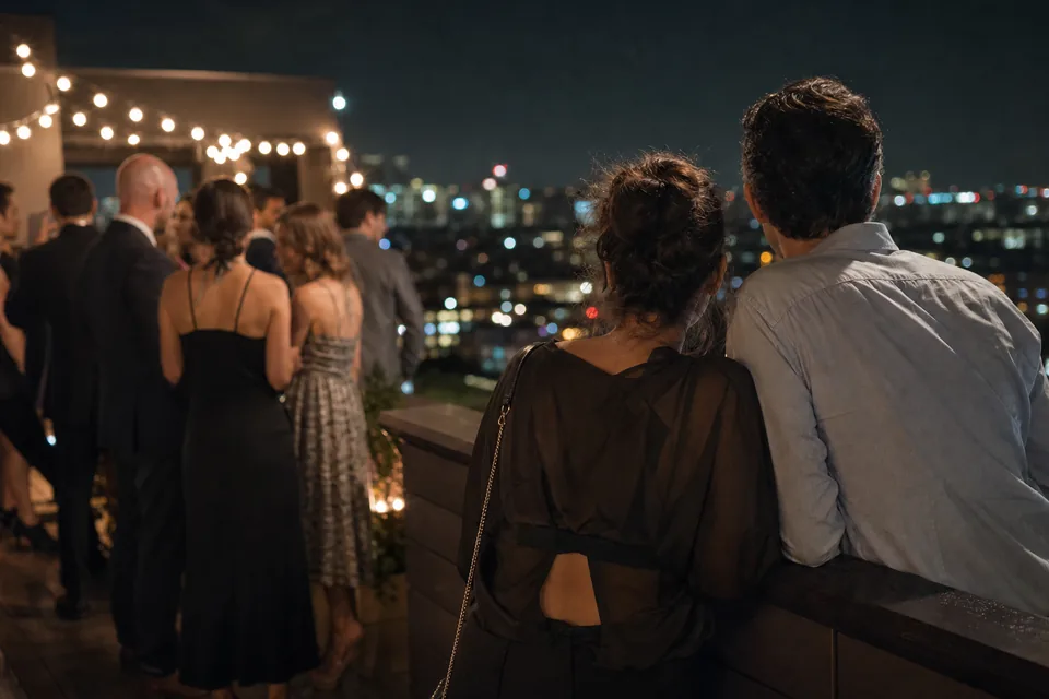 Adults in evening wear at a rooftop party at night with string lights and city bokeh